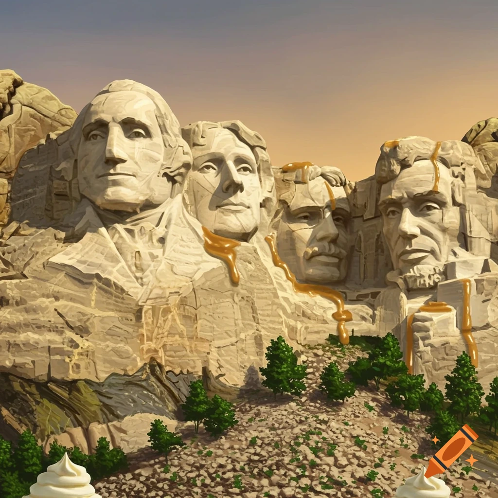 Mount Rushmore with caramel-like sauce dripping from the faces and whipped cream at the base, depicted in an illustrative style.