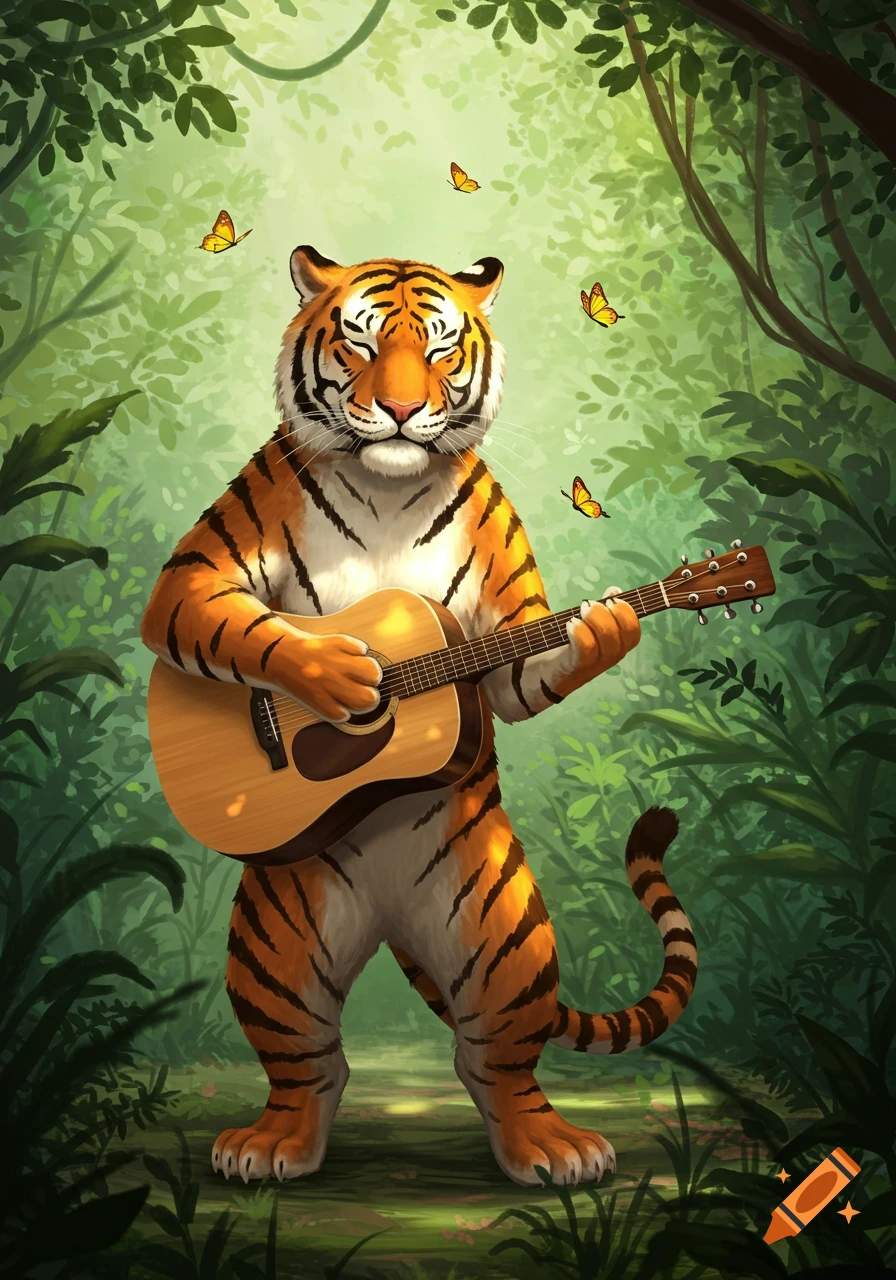 A cartoon tiger with closed eyes stands in a lush green jungle, playing an acoustic guitar as yellow butterflies flutter around it.