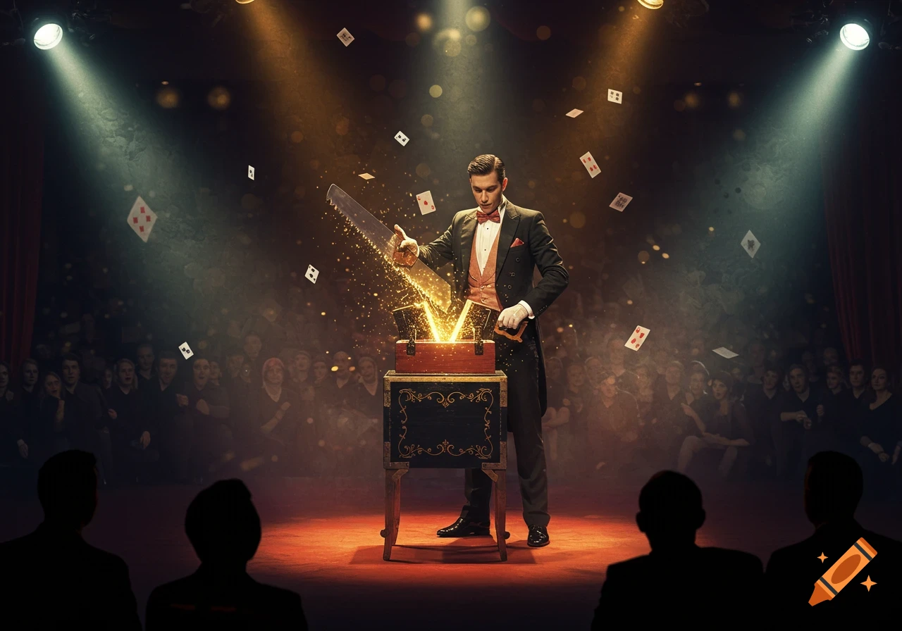 A magician in a tuxedo saws a magic box on stage, creating a shower of golden sparks and glowing light, with playing cards floating in the air. An audience watches from the dark.