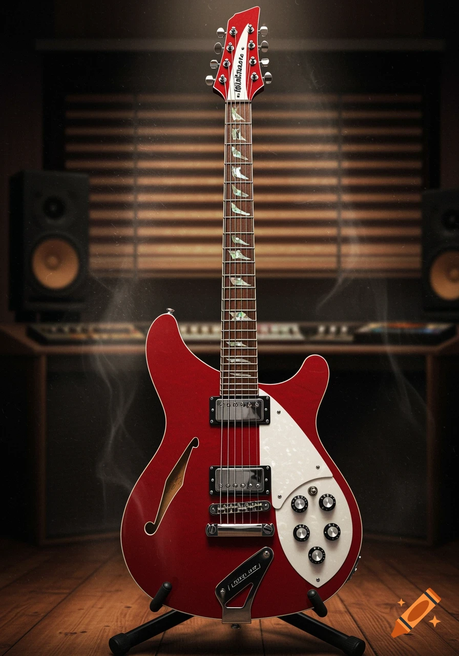 A red electric guitar on a stand in a music studio, with speakers and a mixing board in the background.