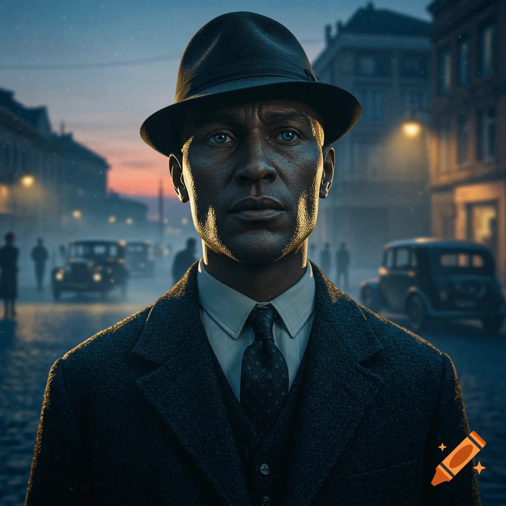A photorealistic portrait of a man in a fedora and suit looking forward, on a city street at dusk.