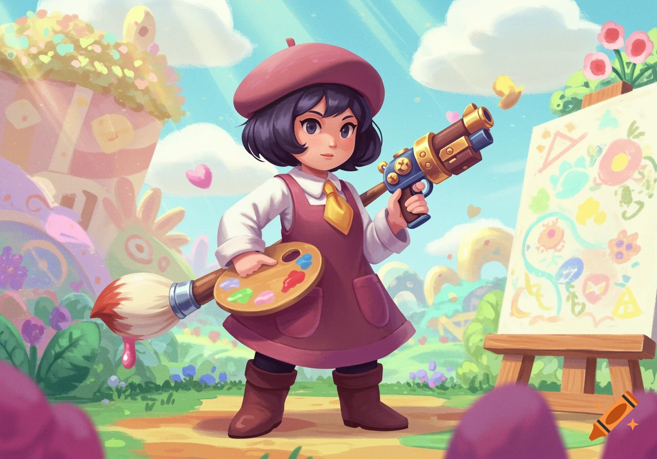 A cartoon artist girl, Adeleine, in a beret and apron, holds a paint gun, palette, and brush in a whimsical, colorful landscape.