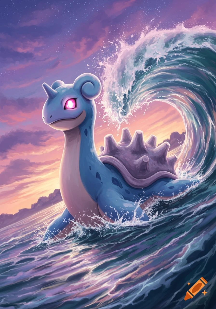 A large blue Lapras with glowing pink eyes emerges from a powerful wave under a colorful sunset sky.