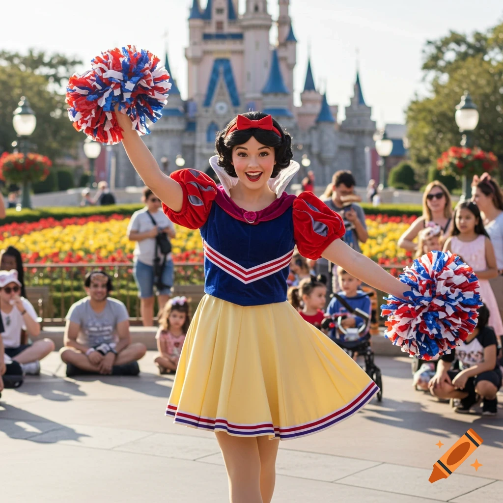 Snow White in a cheerleader outfit poses with pom-poms in front of Cinderella's Castle at Disney World.