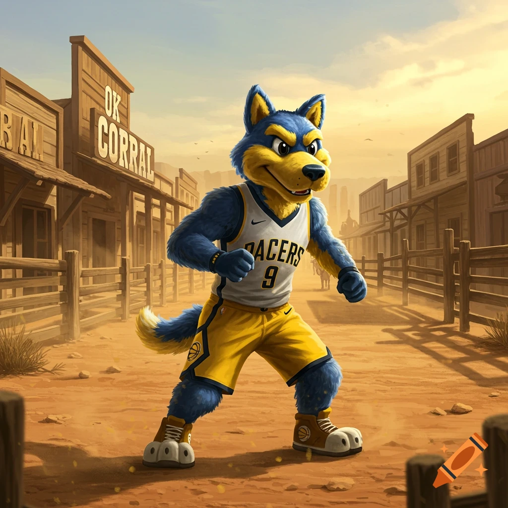 A blue and yellow wolf mascot wearing a basketball jersey stands in a dusty old western town with an 'OK Corral' building.