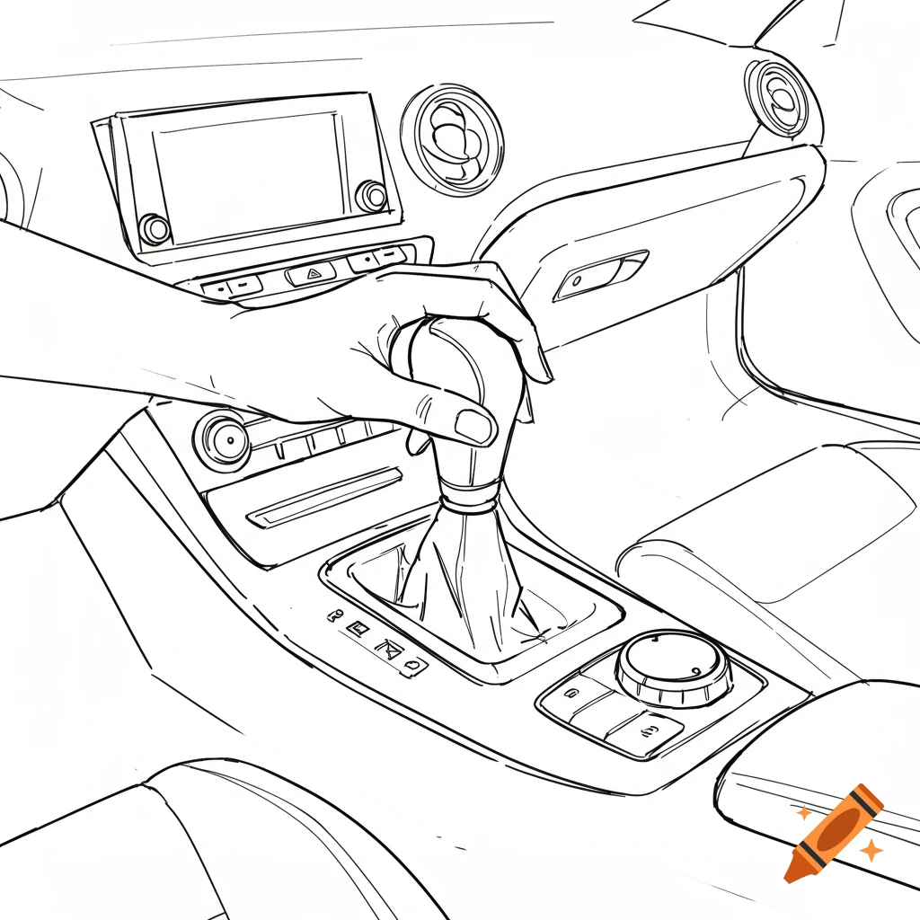 Line art sketch of a hand on a car's gear shifter in the interior.