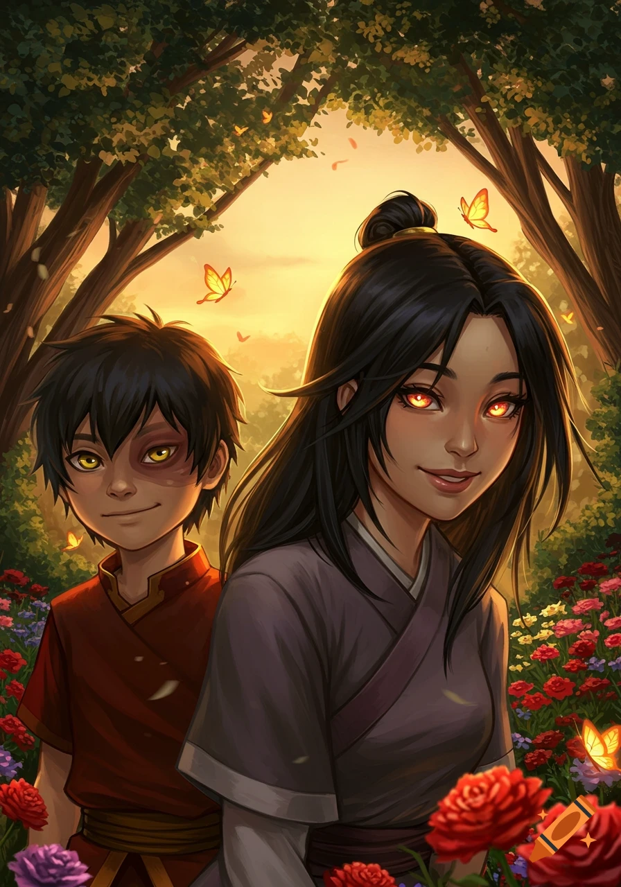 Illustrated portrait of young Zuko with a burn scar and yellow eyes, standing next to a girl with long black hair and glowing ember eyes, in a sunlit forest with flowers and butterflies.