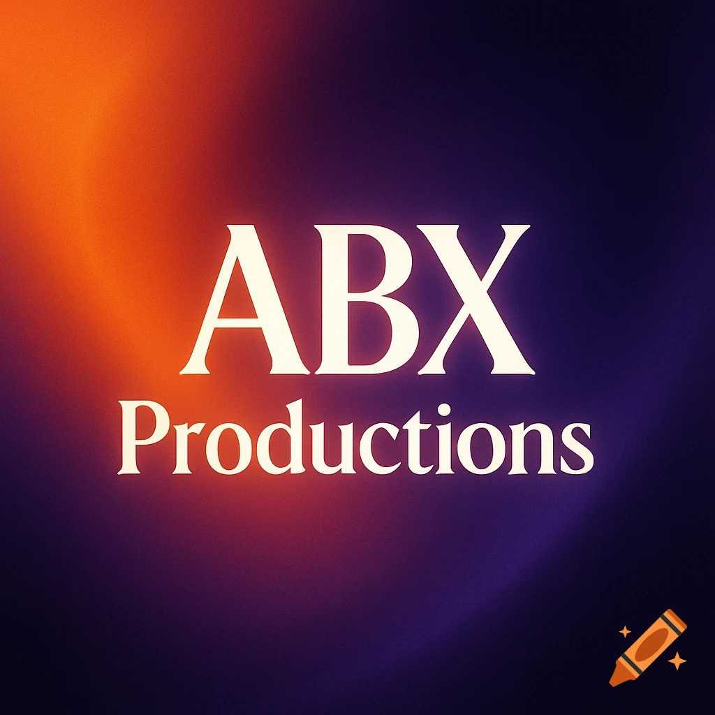 The text 'ABX Productions' in white against a glowing orange and purple gradient background.