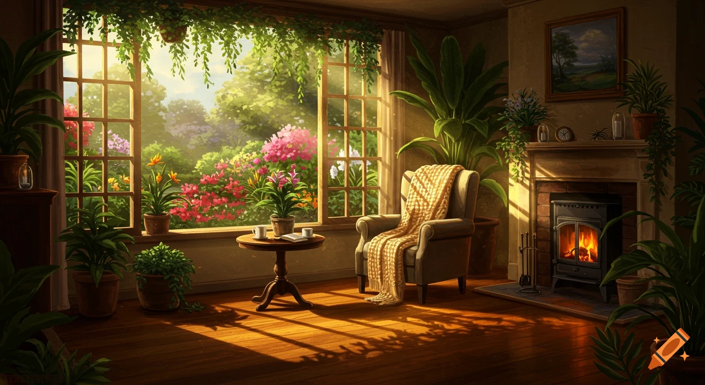 A cozy, sunlit sitting room with a large window overlooking a vibrant, colorful garden. The room has many potted plants, an armchair with a blanket, and a fireplace.