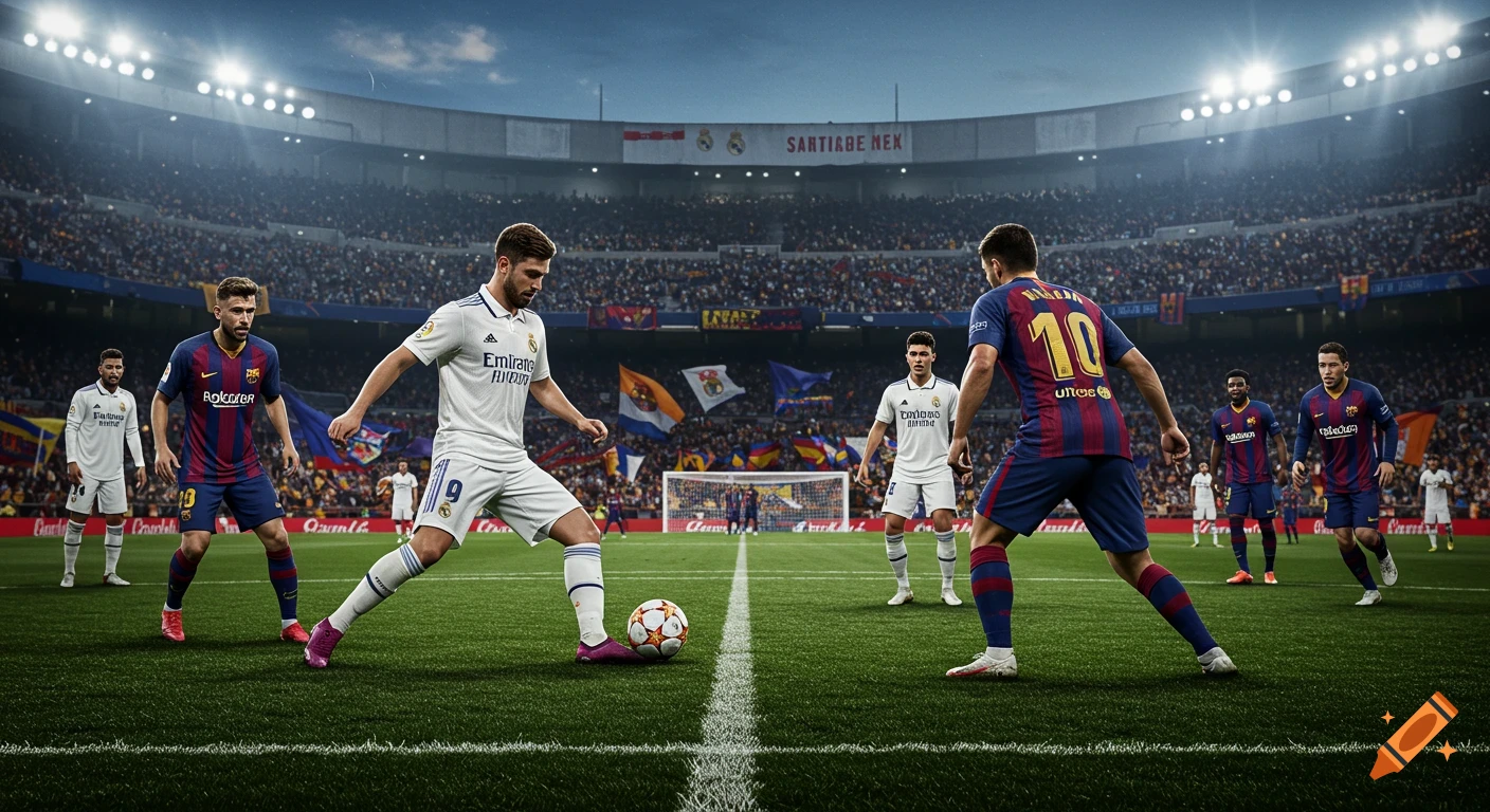 A soccer match between Real Madrid and FC Barcelona at a stadium, with players in white and blue-red jerseys on the field.