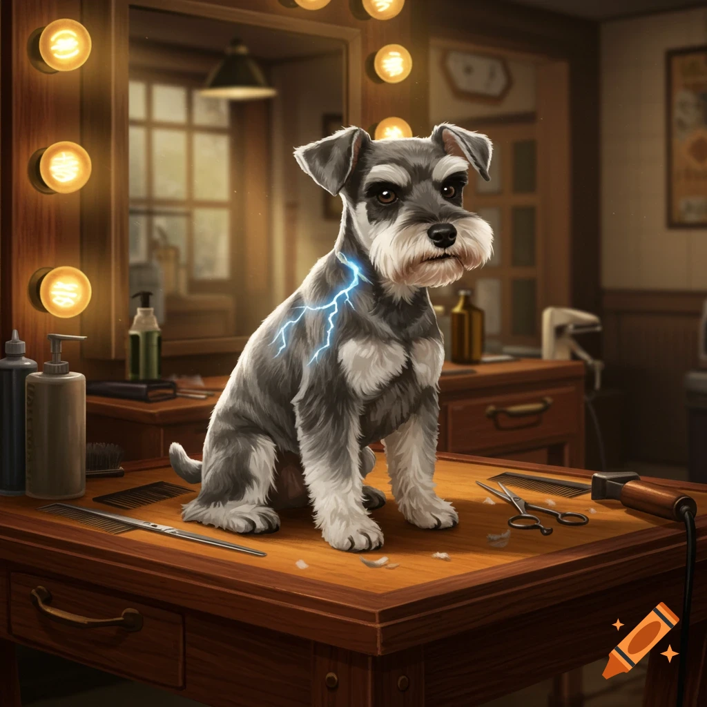 A miniature schnauzer with a blue lightning bolt fur design sits on a wooden grooming table in a room with illuminated vanity lights.