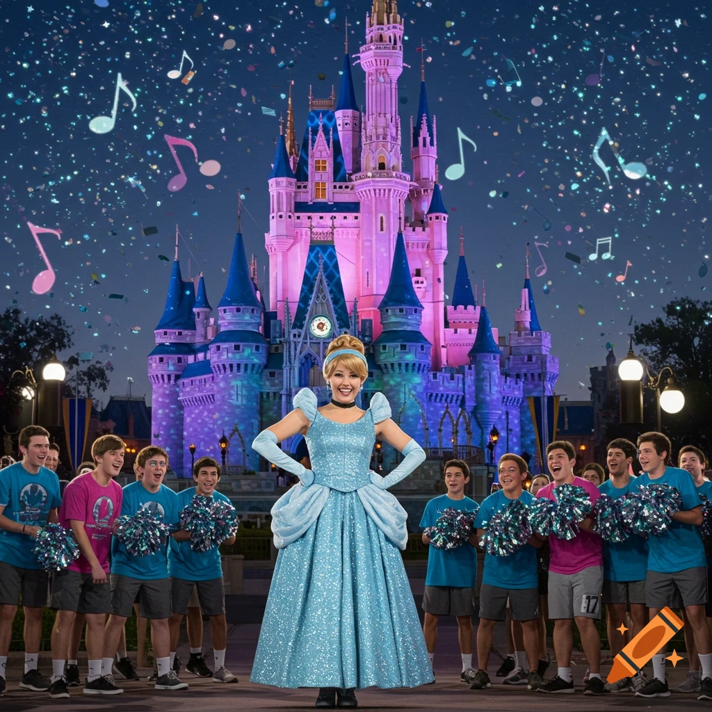 A Cinderella performer poses in front of a Disney castle surrounded by cheering teenage boys with pom-poms, under a sky with musical notes.