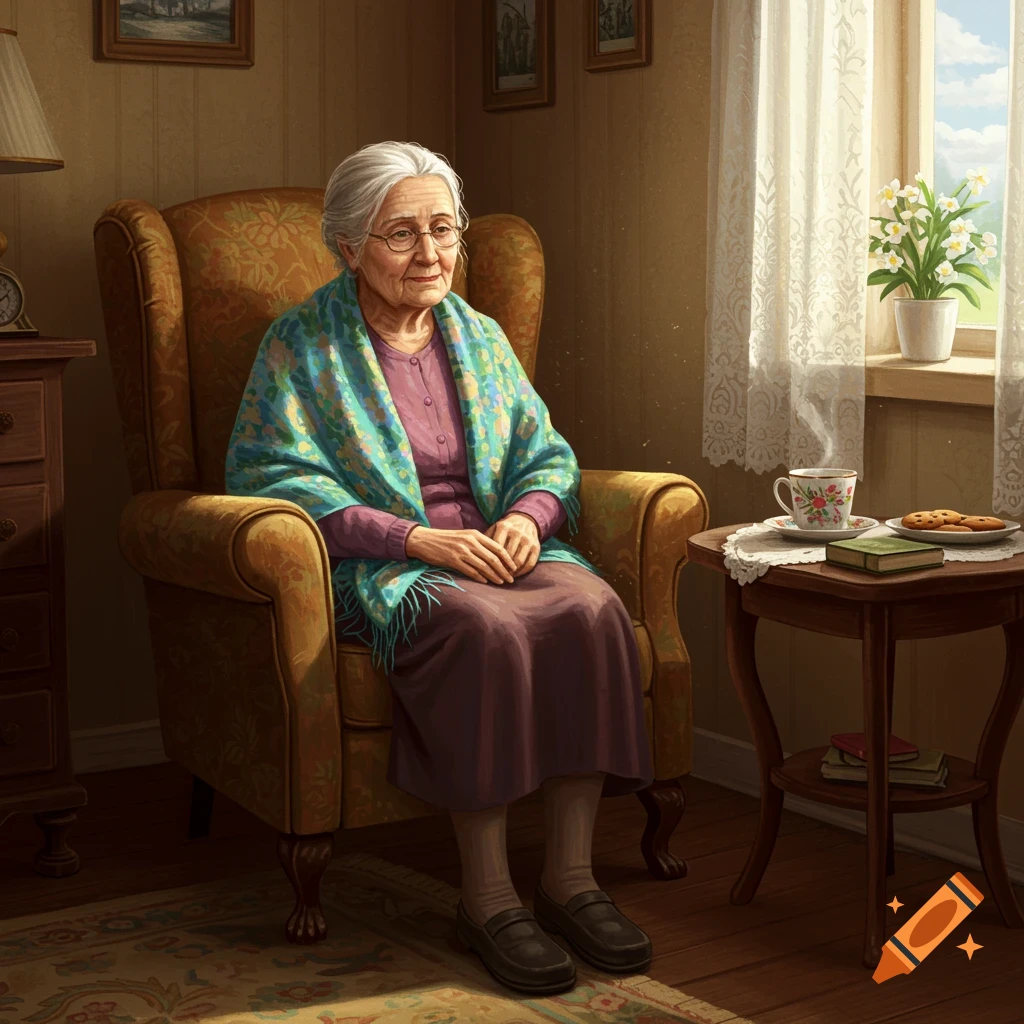 An elderly woman with white hair and glasses, wearing a shawl, sits in an armchair in a cozy, sunlit room.