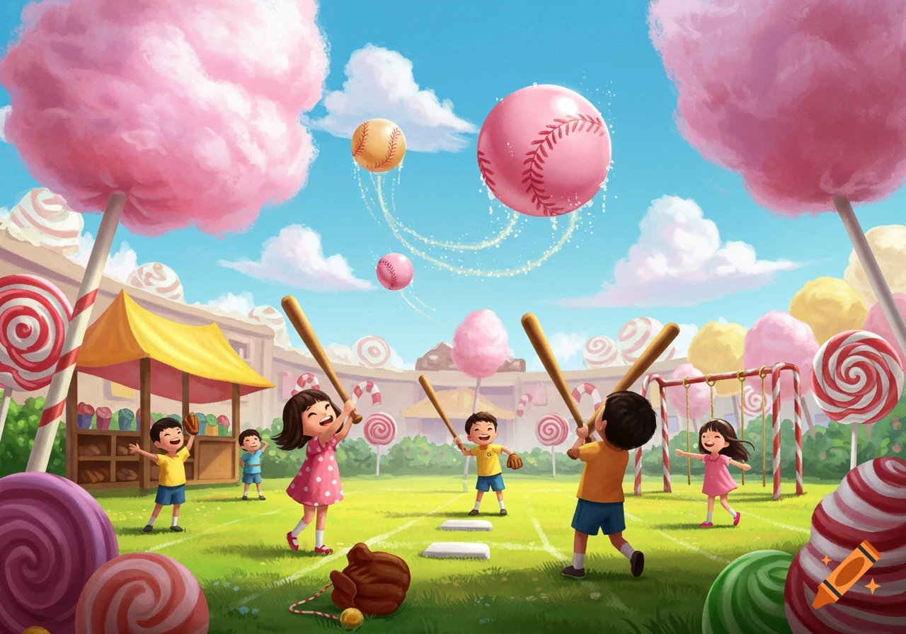 Kindergarten kids play baseball in a candy land, with large lollipops and cotton candy trees under a bright blue sky.