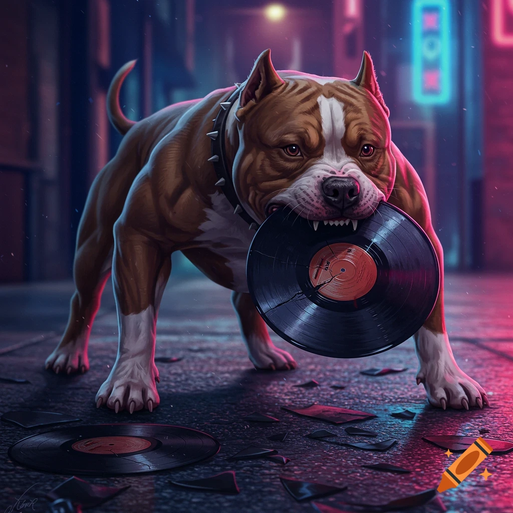 An angry, muscular pitbull dog, with a spiked collar, bites a broken vinyl record in a neon-lit alley.