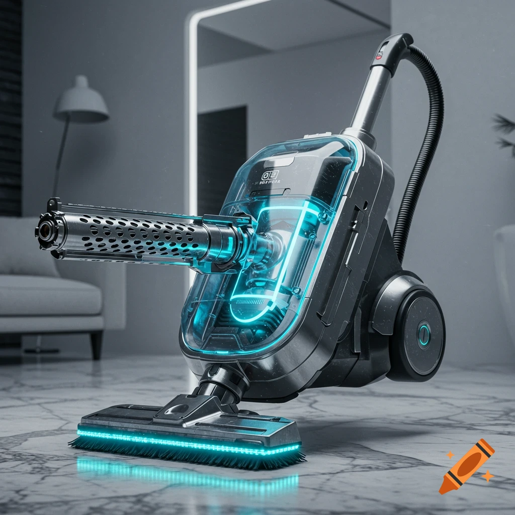 A futuristic, grey and black vacuum cleaner with bright blue glowing internal components and a large machine gun barrel attached to its front, standing on a grey marble floor.