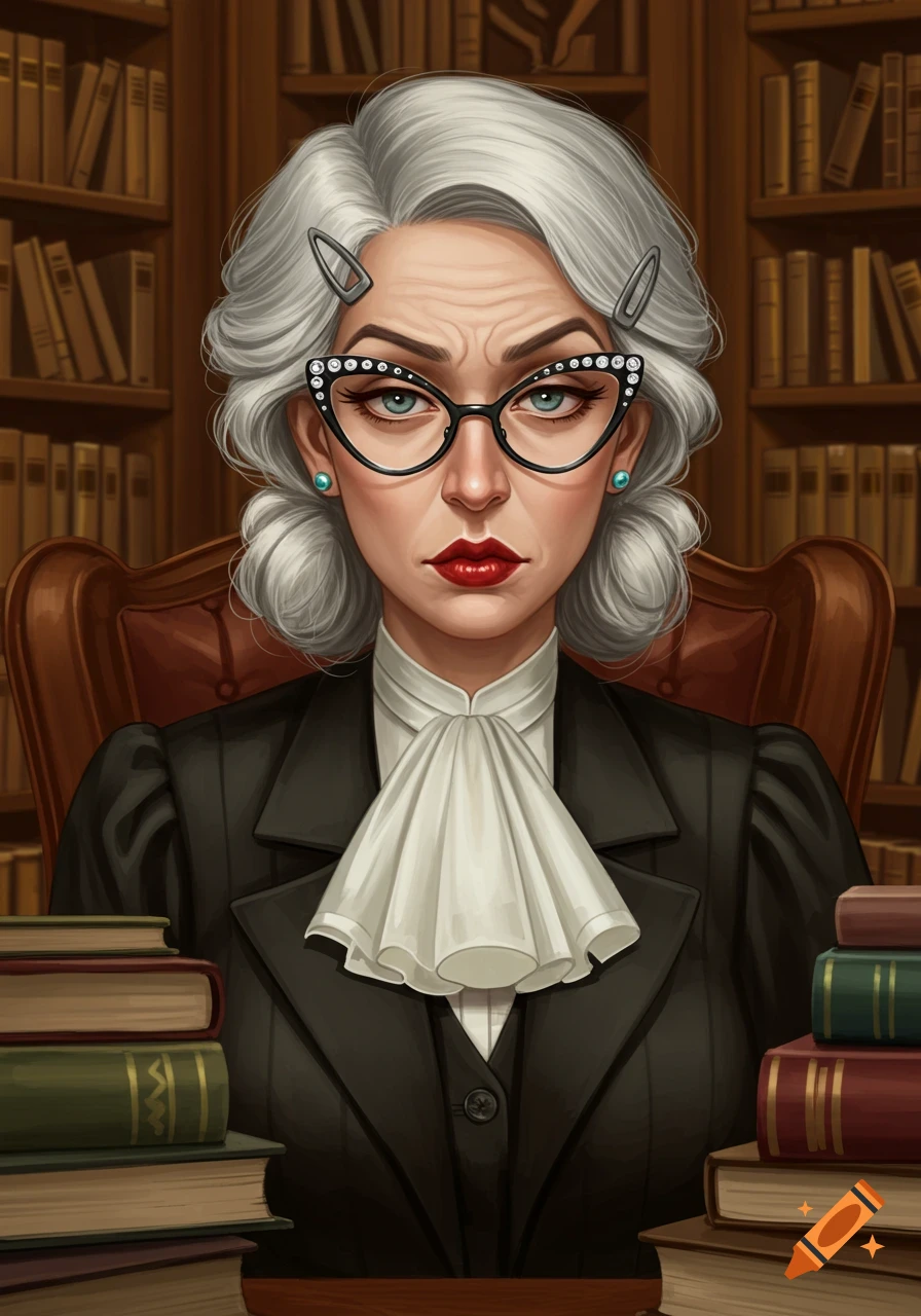 Illustrative portrait of a serious older woman with silver hair, cat-eye glasses, and a ruffled white jabot, seated in a library.