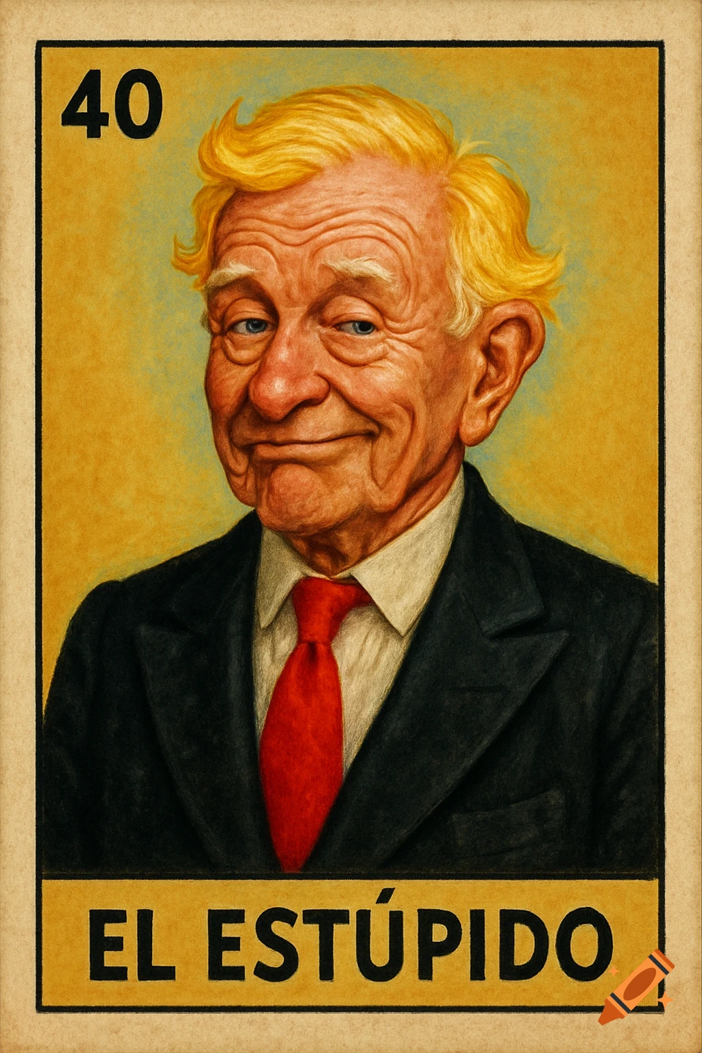A vintage Loteria card featuring a caricature of an old man with blonde hair in a suit and red tie, with '40' and 'EL EST ÚPIDO' text.