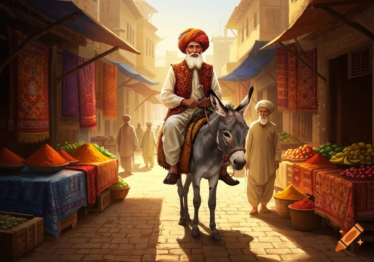 An old man with a white beard and an orange turban rides a gray donkey through a bustling marketplace with colorful fabrics and spices.