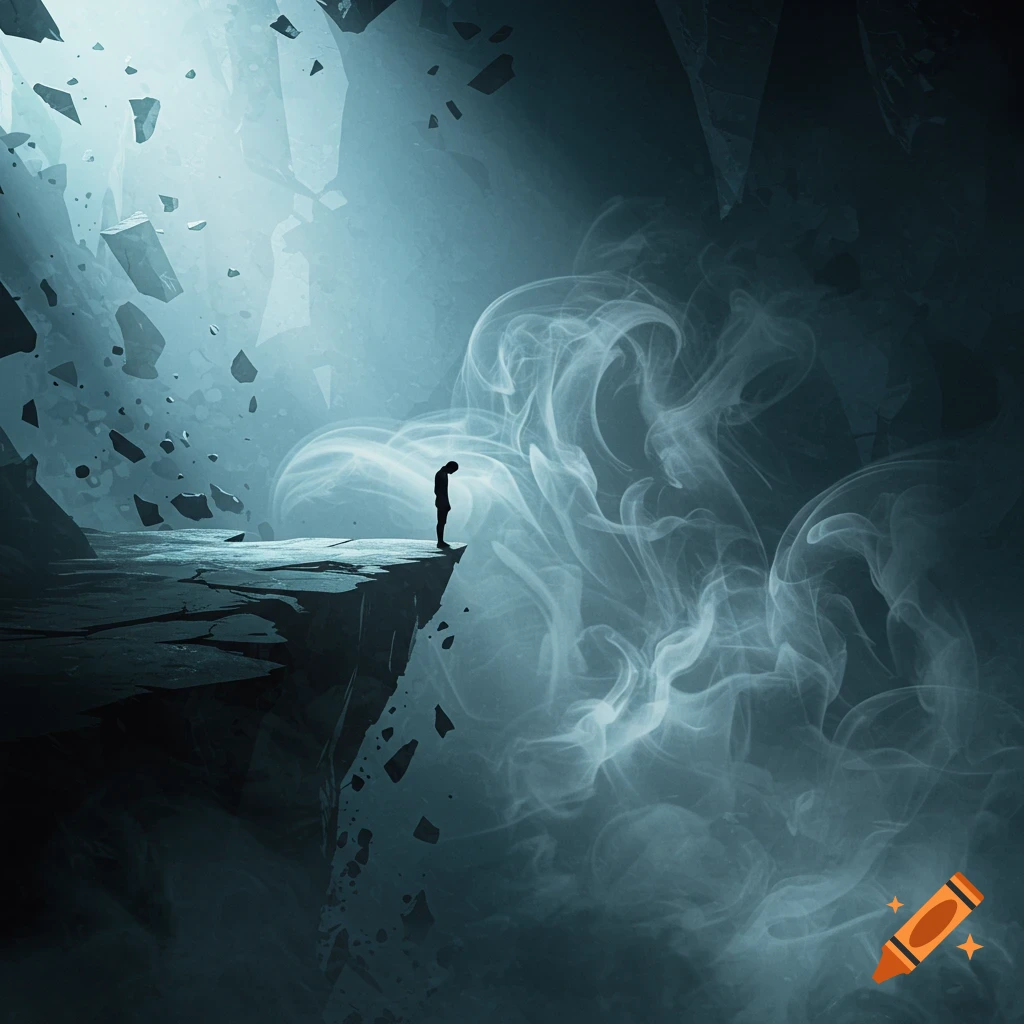 A lone silhouetted figure stands on a crumbling cliff edge, looking down into a smoky abyss with falling debris in a dark, stylized art style.