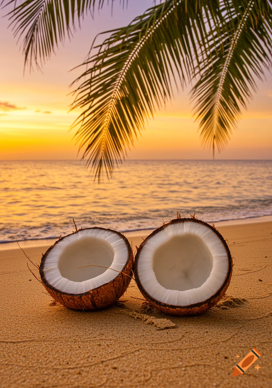 Two halves of a coconut on a sandy beach at sunset, with palm fronds overhead and the ocean in the background.