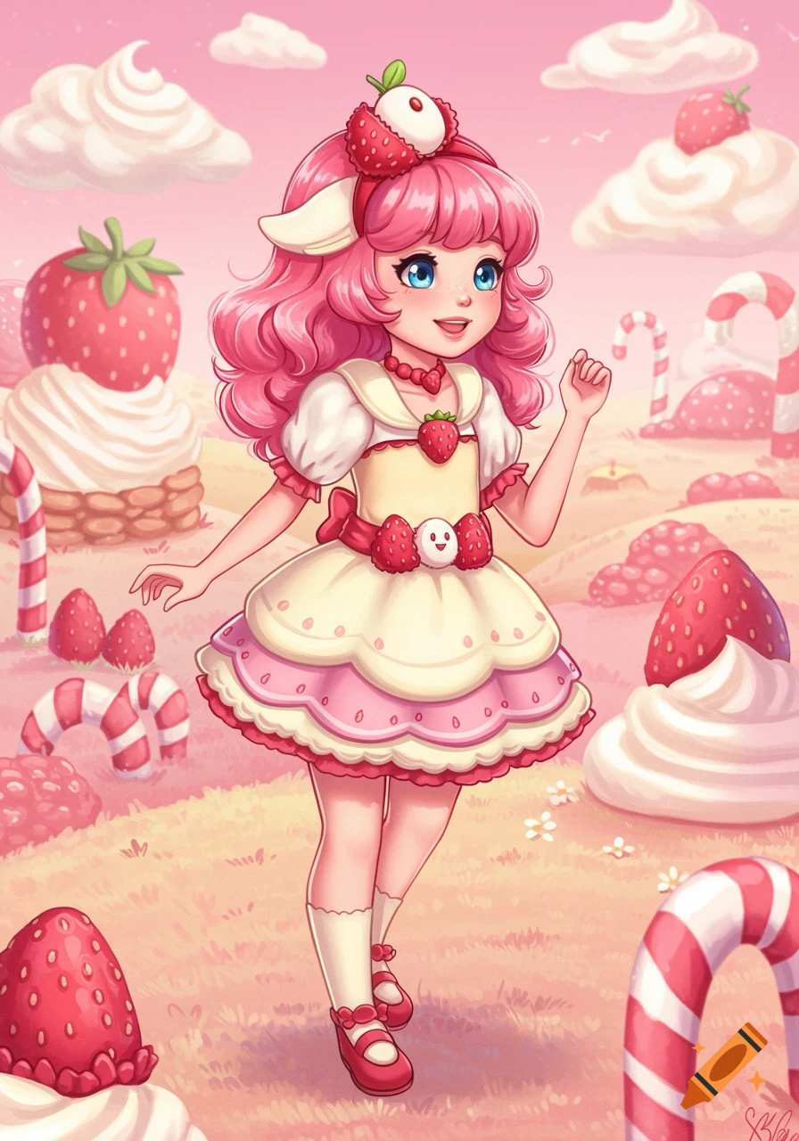 A cute anime girl with pink hair and blue eyes, wearing a strawberry-themed dress and lychee headband, stands in a whimsical strawberry and candy land.