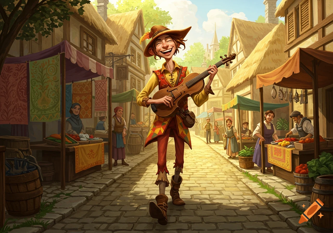 A wiry, smiling bard in colorful clothes strolls down a bustling medieval market street, playing a fiddle.