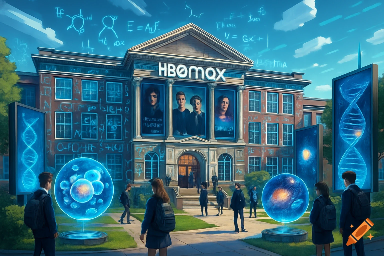 A futuristic university building with 'HBOMAX' sign, students, and glowing scientific projections of DNA and cells on the grounds.