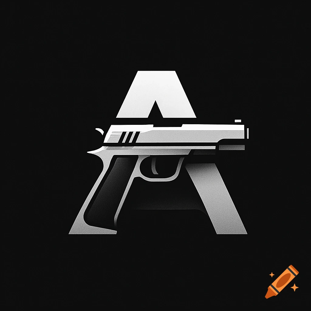 A modern logo featuring a stylized silver handgun integrated into a white letter 'A' on a black background.
