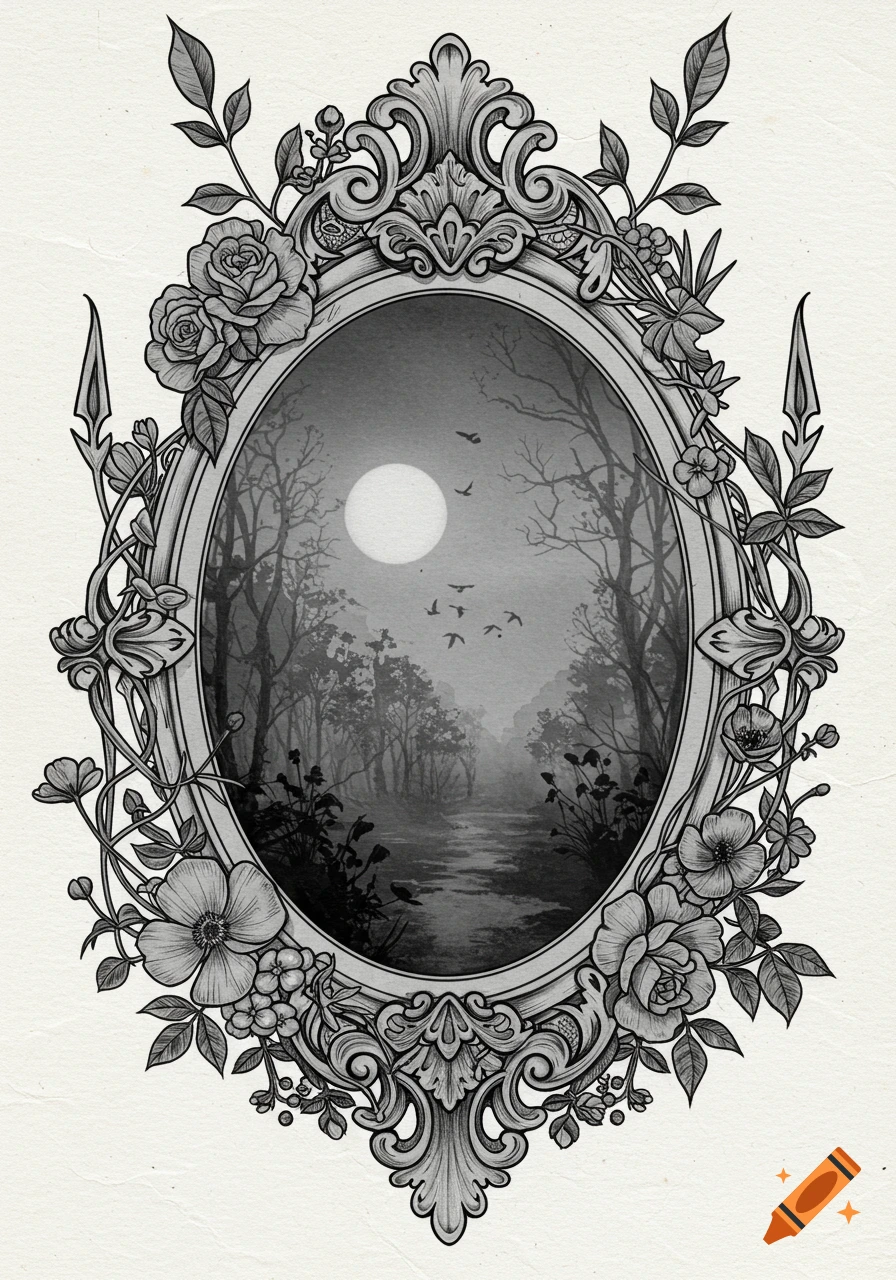 Black and white gothic illustration of an ornate oval frame with flowers, enclosing a moonlit forest landscape with birds.