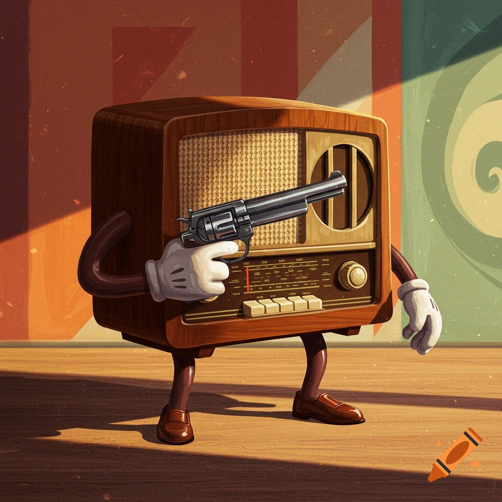 A stylized illustration of an old wooden radio with cartoon arms, legs, and white-gloved hands, holding a large revolver.