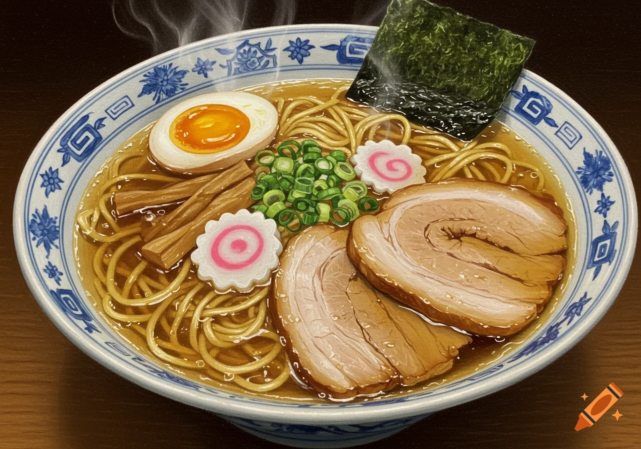 Detailed colored pencil illustration of a steaming bowl of ramen with pork, egg, bamboo shoots, seaweed, and fish cakes.