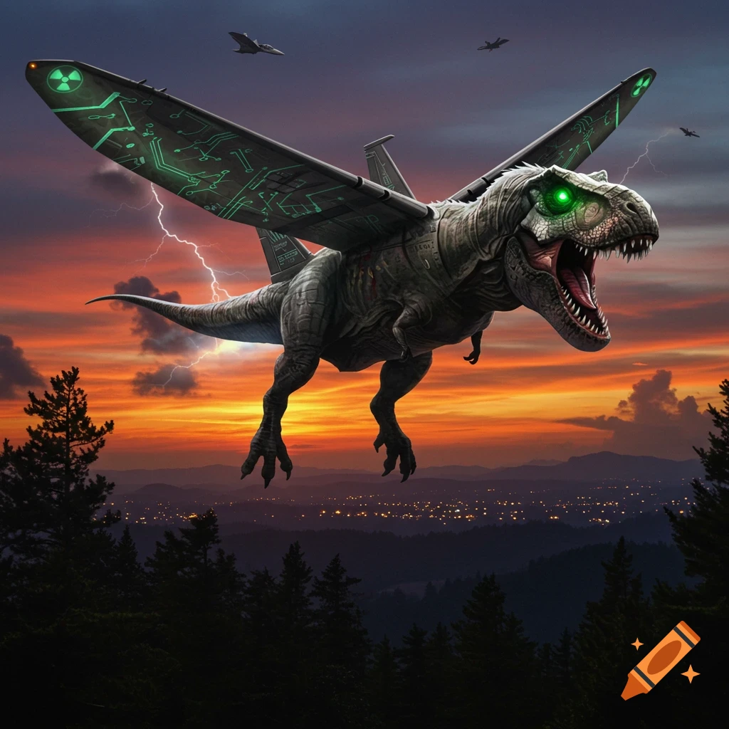 A powerful T-rex with green glowing eyes and fighter jet wings, marked with a nuclear symbol, soars through a lightning-filled sunset sky above a city and forest.