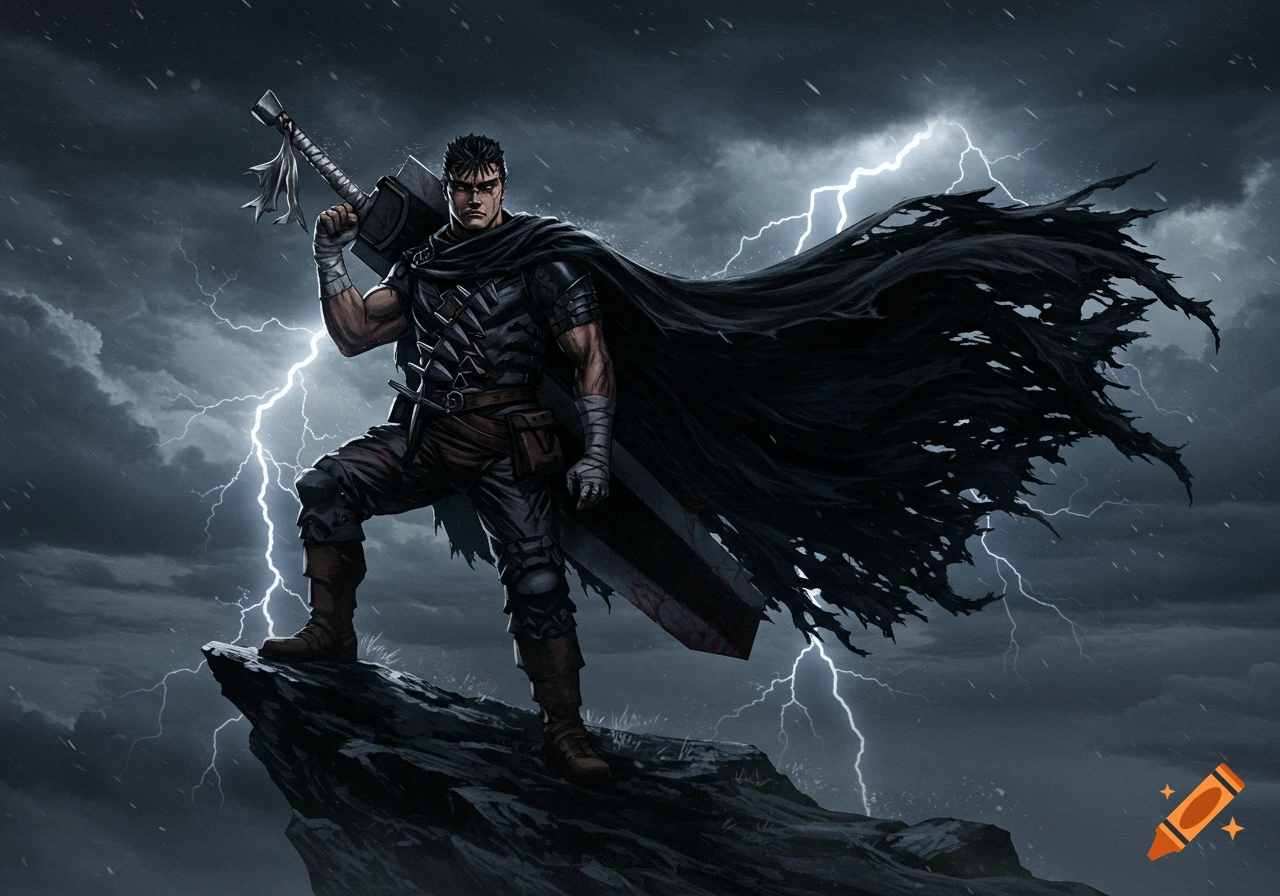 Guts from Berserk stands on a rock with his giant sword, a tattered cape billowing in a stormy, lightning-filled sky.