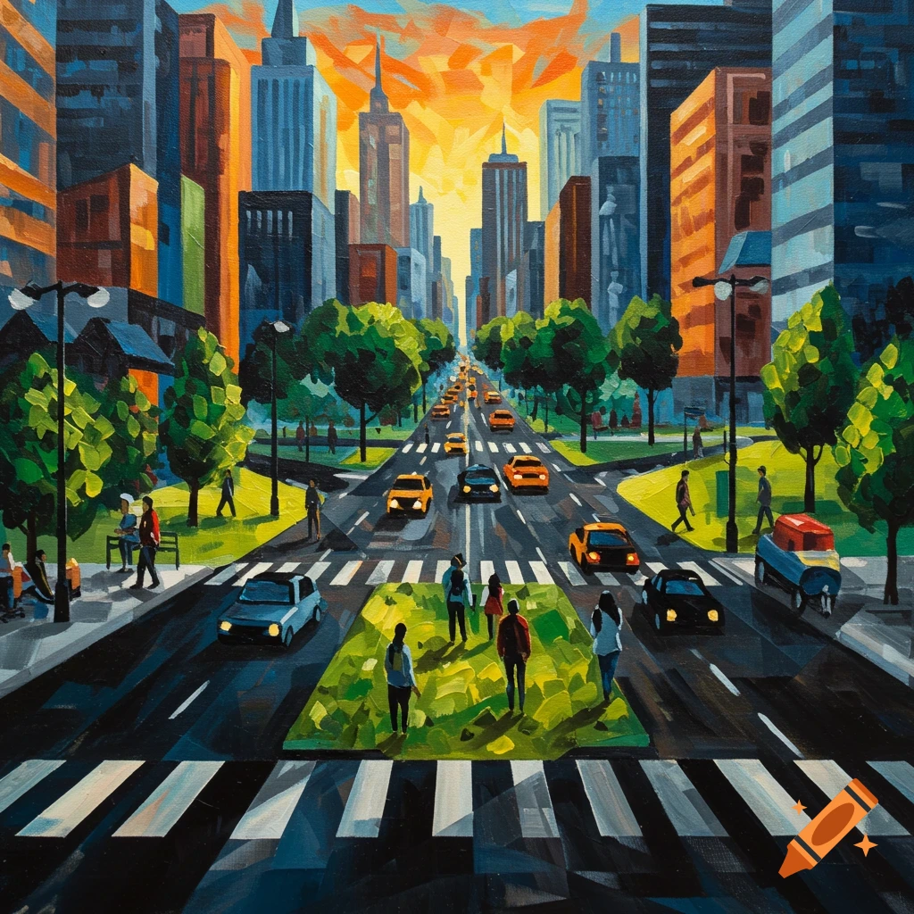 A colorful, cubist-inspired acrylic painting of a vibrant city street scene at sunset, with tall buildings, cars, and pedestrians.