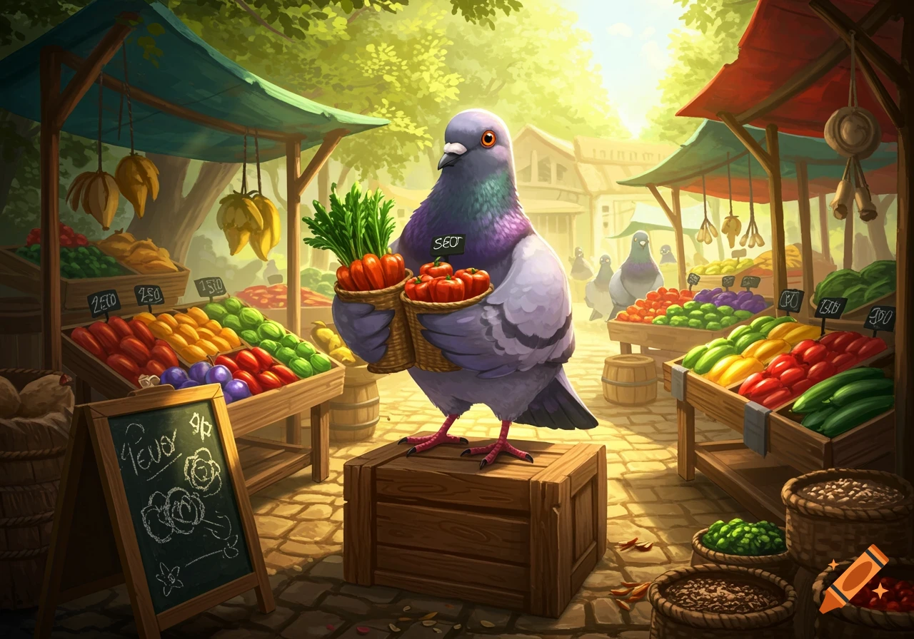 A cartoon pigeon stands at an outdoor market stall, holding baskets of carrots and tomatoes, surrounded by colorful produce.