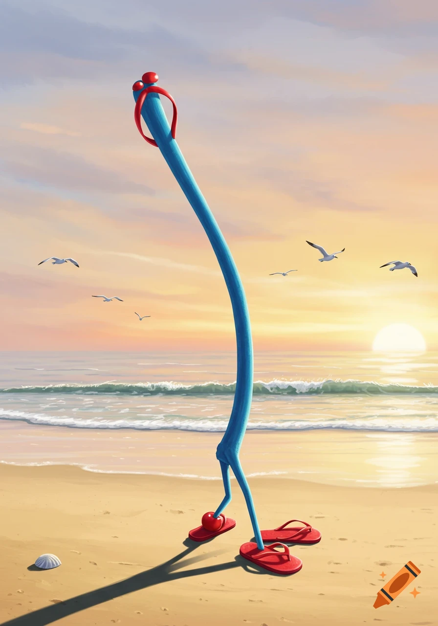 A tall, blue stick figure with thin legs stands on a sandy beach wearing red flip-flops, looking out at the ocean under a pastel sunset.