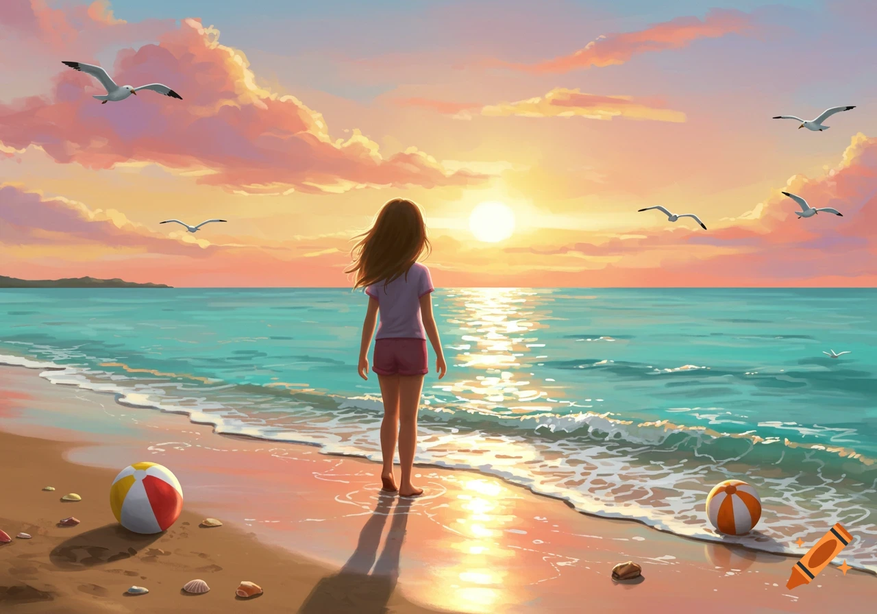Digital painting of a young girl on a beach looking at a vibrant sunset over the ocean, with seagulls and beach balls.