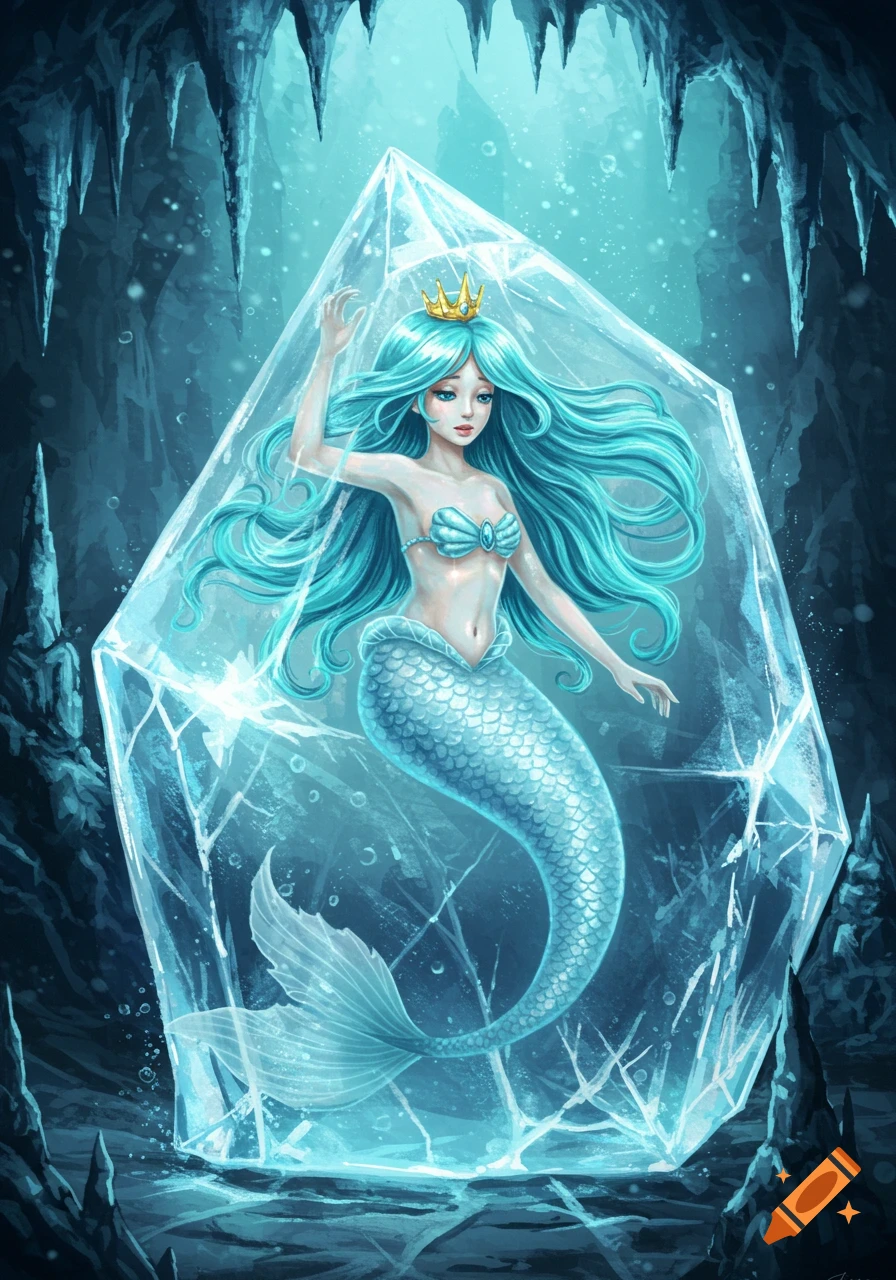 A mermaid princess with long teal hair and a seashell top is frozen inside a large block of ice within a glowing blue ice cave.