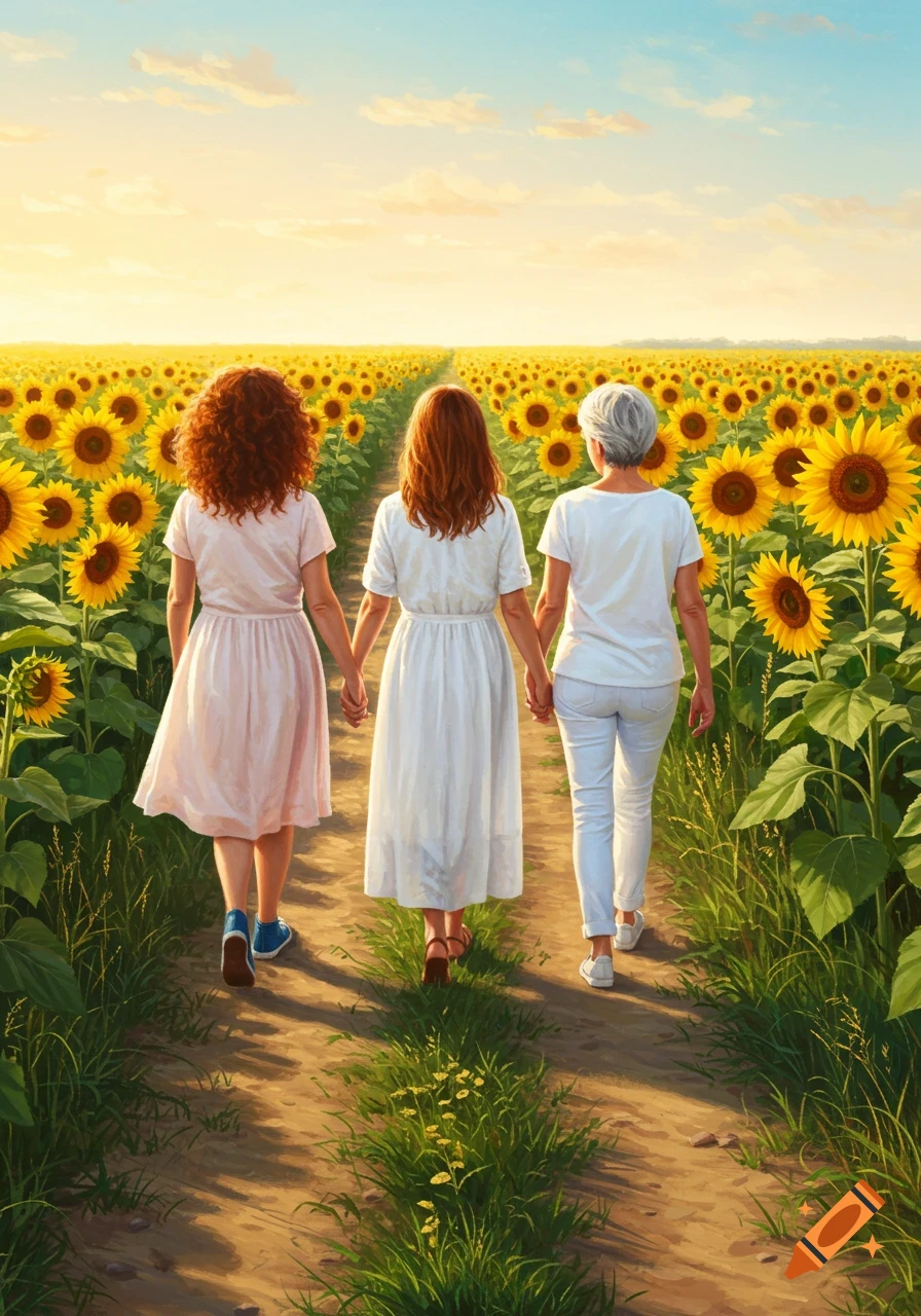 Three women holding hands walk away on a dirt path through a vibrant sunflower field at sunset, painted in a realistic style.