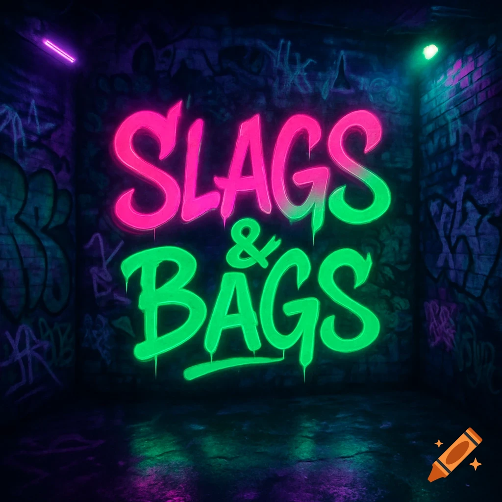 A neon sign spelling "SLAGS & BAGS" in pink and green on a graffiti-covered brick wall, reflecting on a dark floor.