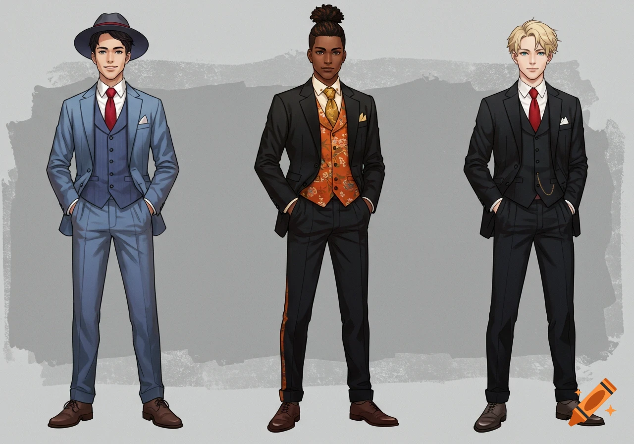 Three diverse young adult men in stylish suits, standing against a gray background in an anime illustration style.