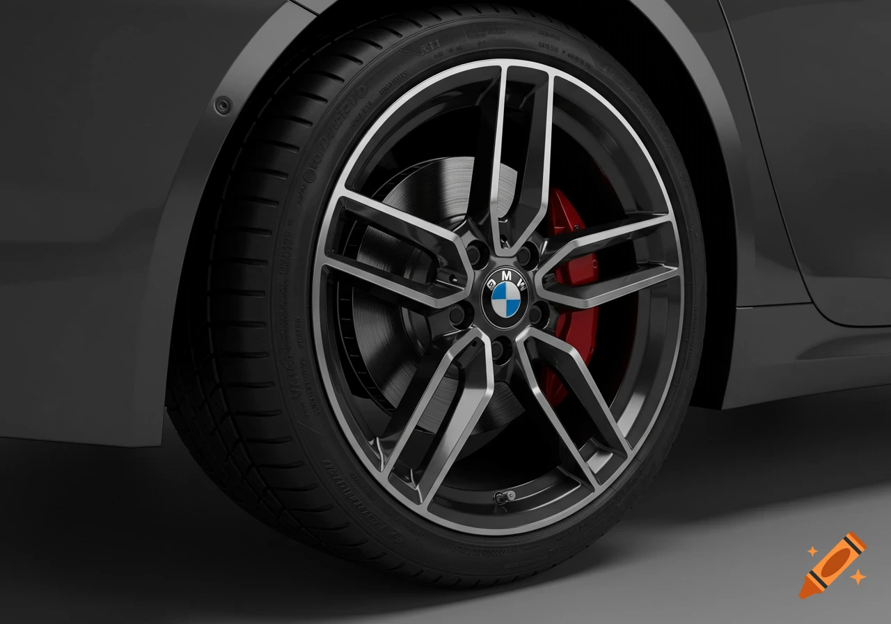 A close-up, photorealistic image of a gun metal BMW wheel with five spokes and red brake calipers.