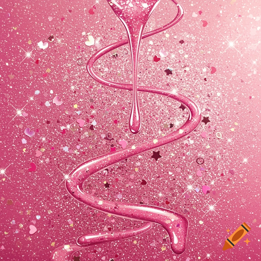 Pink glitter background with dripping, shimmering pink liquid and sparkling hearts and stars.