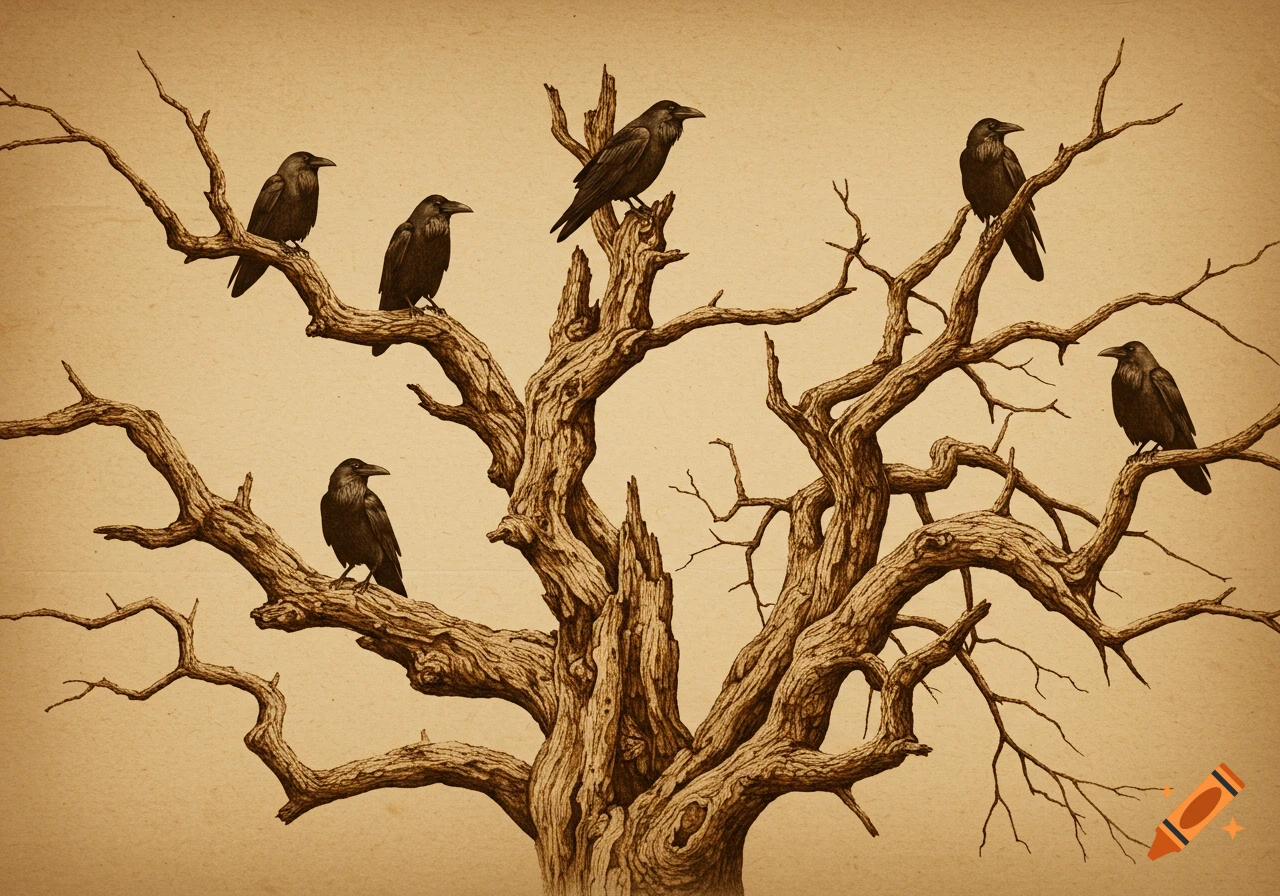 Several black ravens perch on the bare, gnarled branches of a tree, rendered in a sepia-toned woodcut art style.