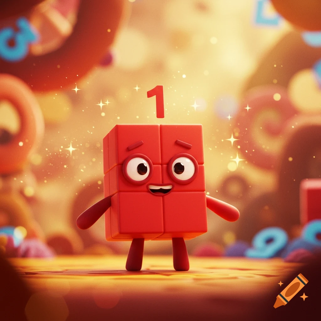 A cheerful red block character with big eyes and a smile, resembling Numberblock One, stands with a prominent red number 1 floating above its head.