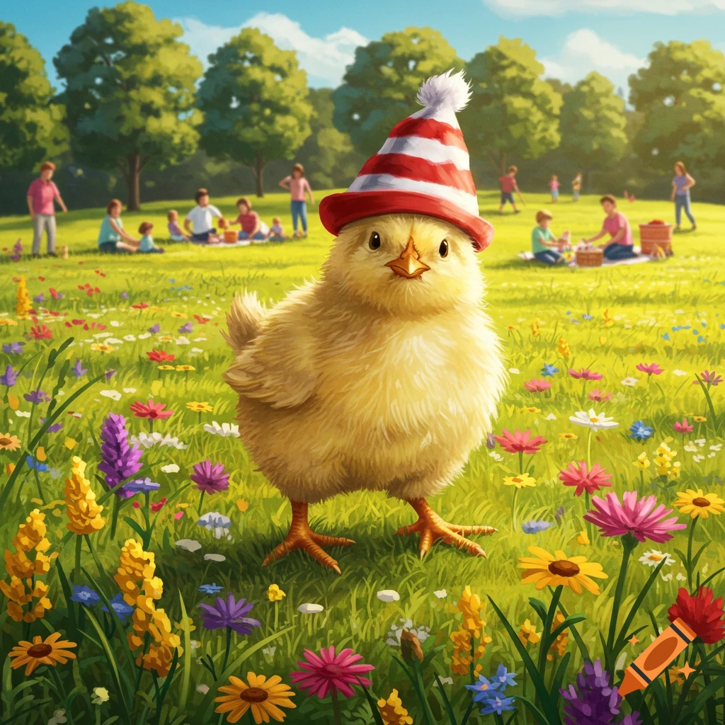 A cute baby chicken wearing a red and white striped hat stands in a vibrant field of colorful wildflowers, with blurred people picnicking in the background.