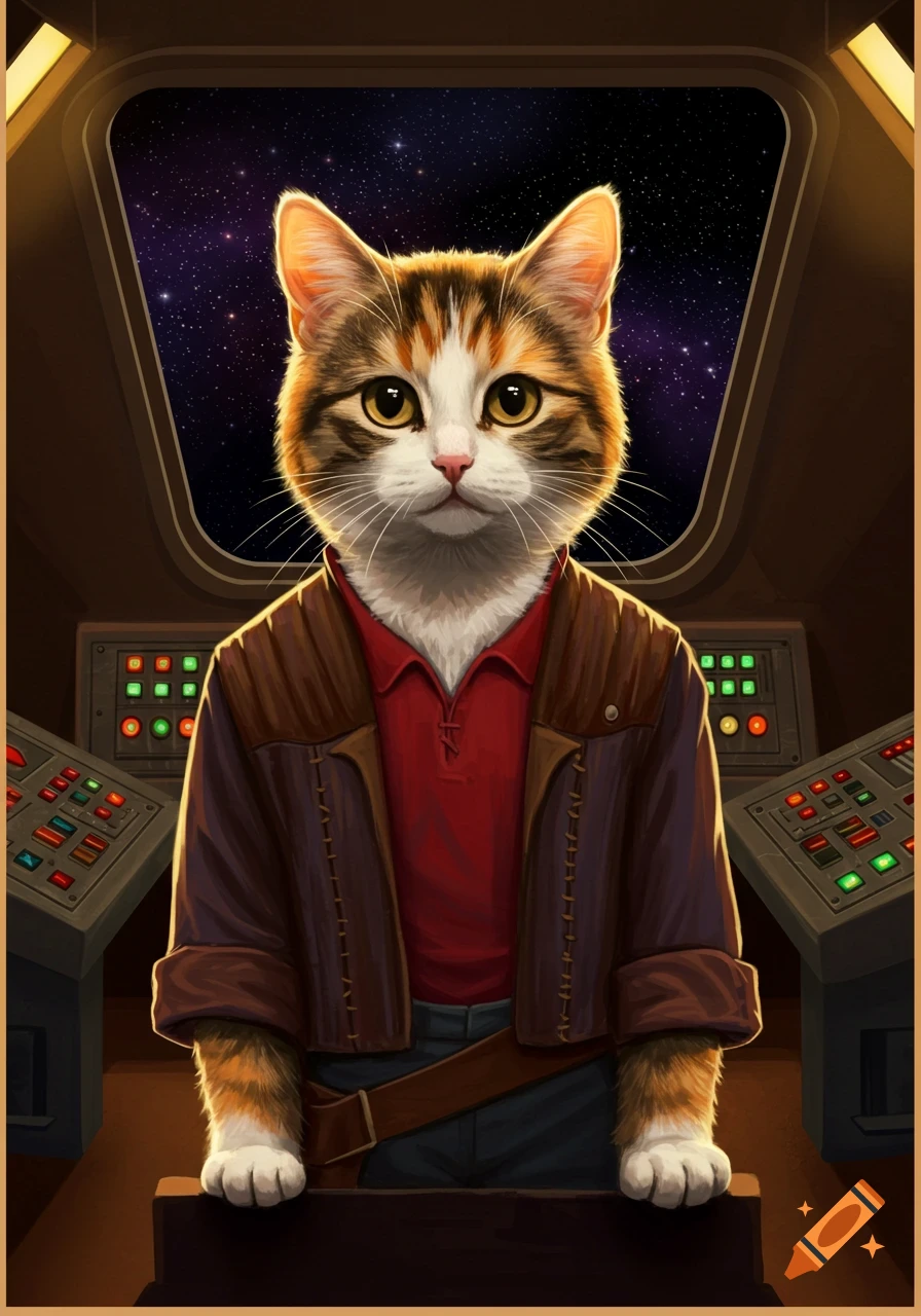 A calico cat dressed in a brown jacket and red shirt stands at the controls of a spaceship, looking out at the stars.