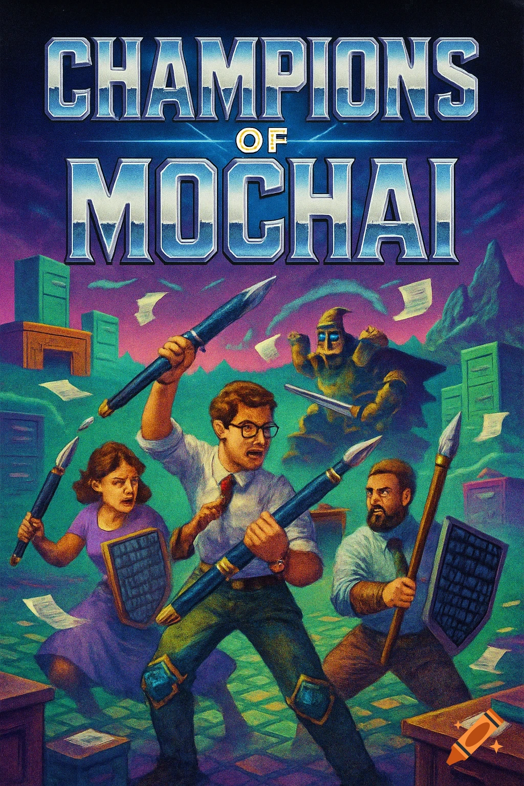 90s video game cover 'Champions of MOCHAI' featuring office workers battling with pens as weapons in a fantastical landscape.