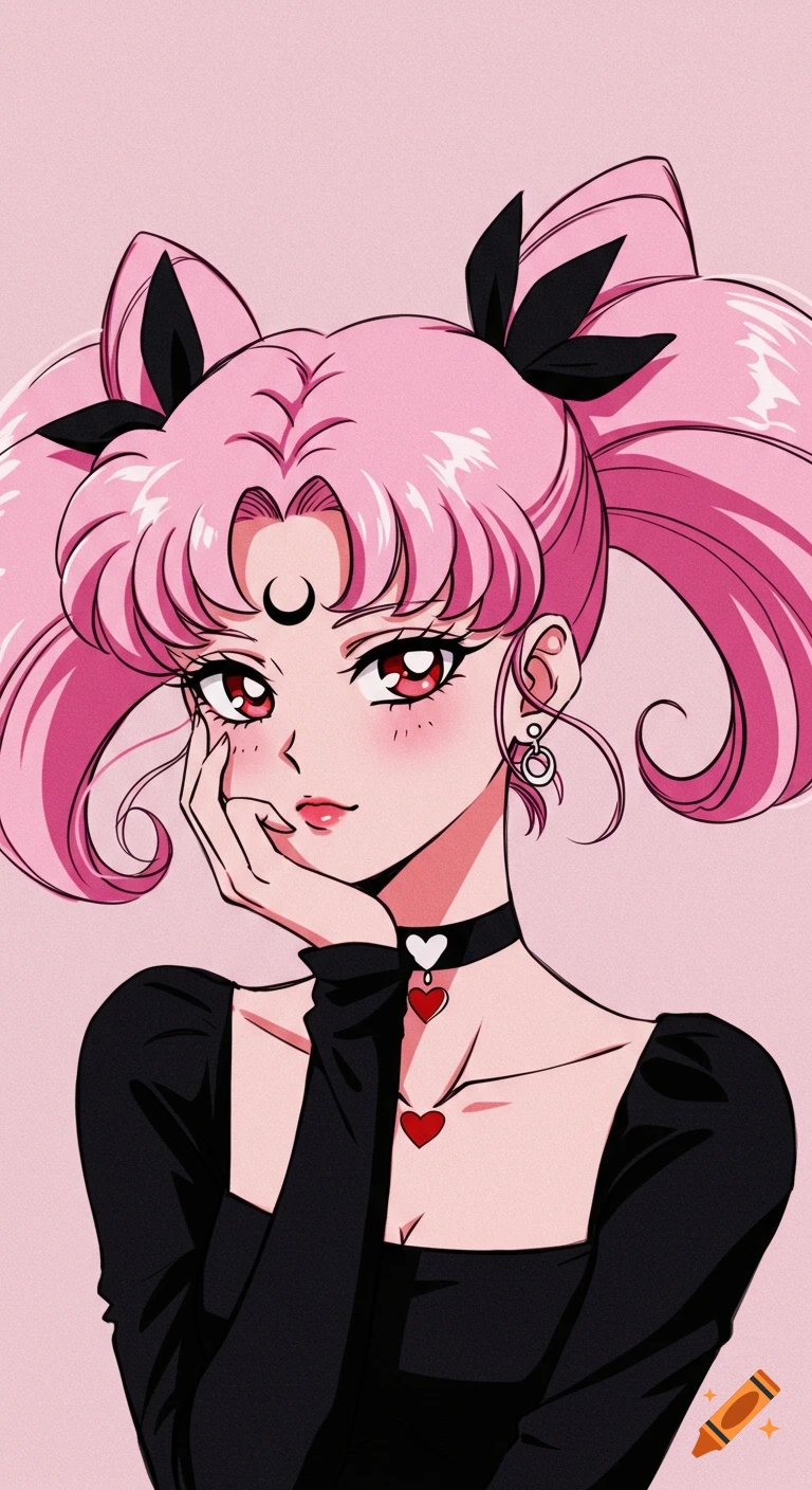 Anime girl with pink pigtails, red eyes, and a crescent moon symbol on her forehead, wearing a black choker and top.